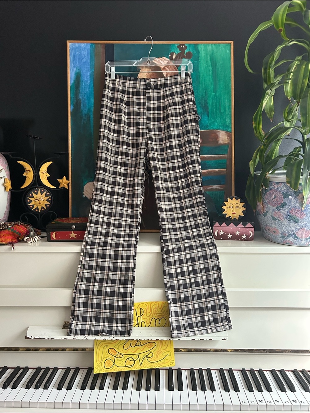 SHEIN Black Beige Plaid High Rise Straight Leg Pants Trousers Size M